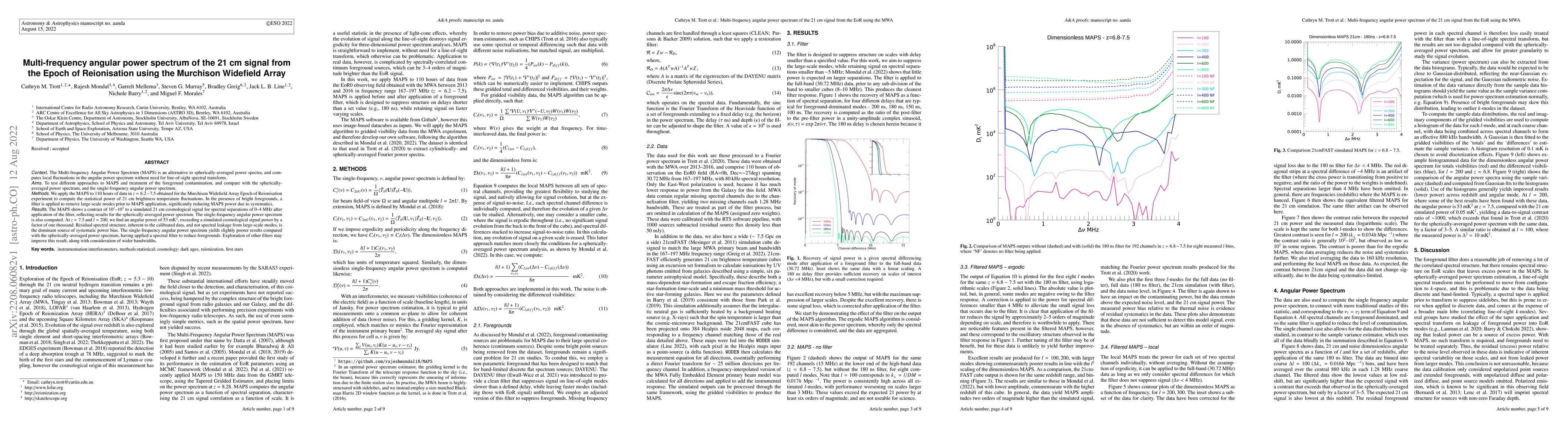 Thumbnail for Multi-frequency angular power spectrum of the 21~cm signal from the
  Epoch of Reionisation using the Murchison Widefield Array