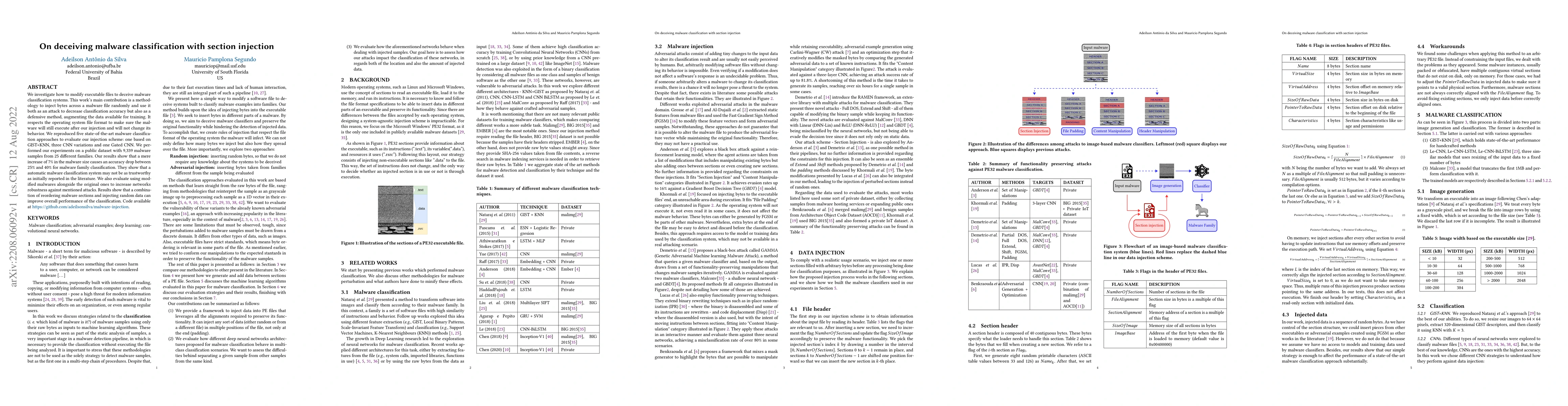 Thumbnail for On deceiving malware classification with section injection