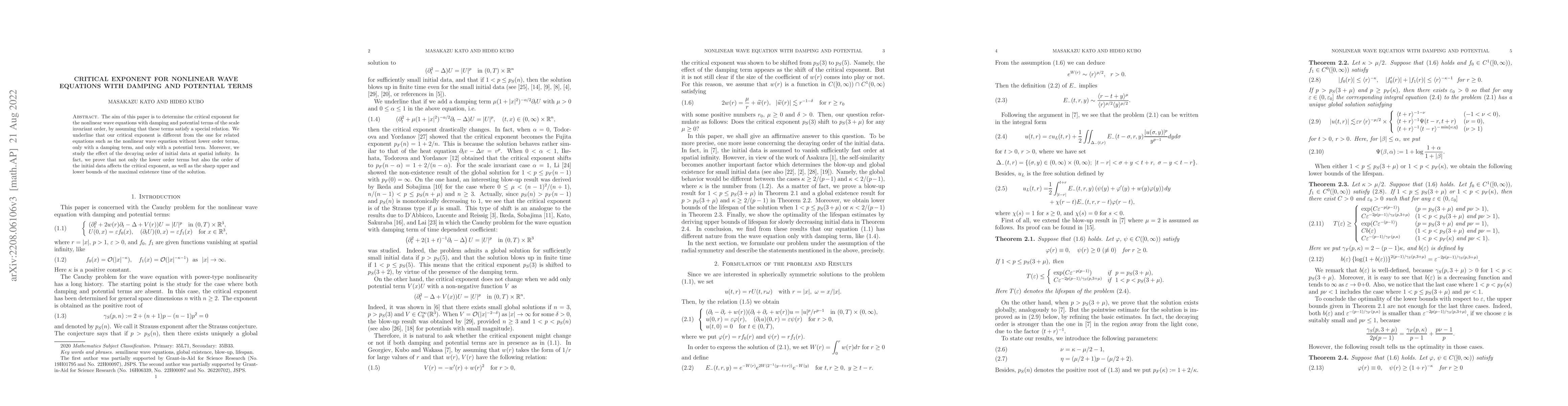Thumbnail for Critical exponent for nonlinear wave equations with damping and
  potential terms