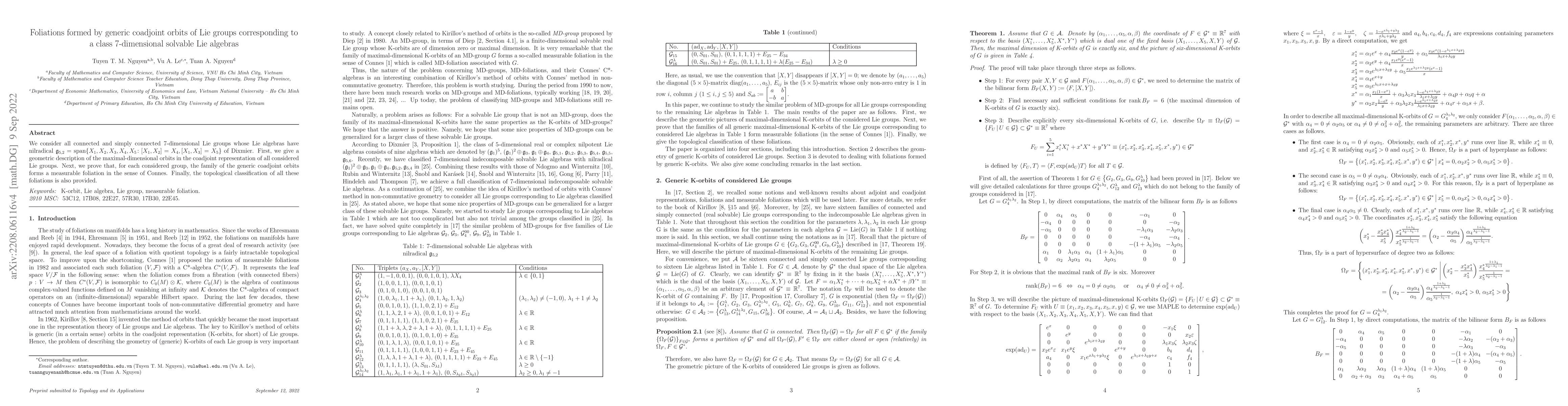 Thumbnail for Foliations Formed by Generic Coadjoint Orbits of Lie Groups
  Corresponding to a Class Seven-Dimensional Solvable Lie Algebras