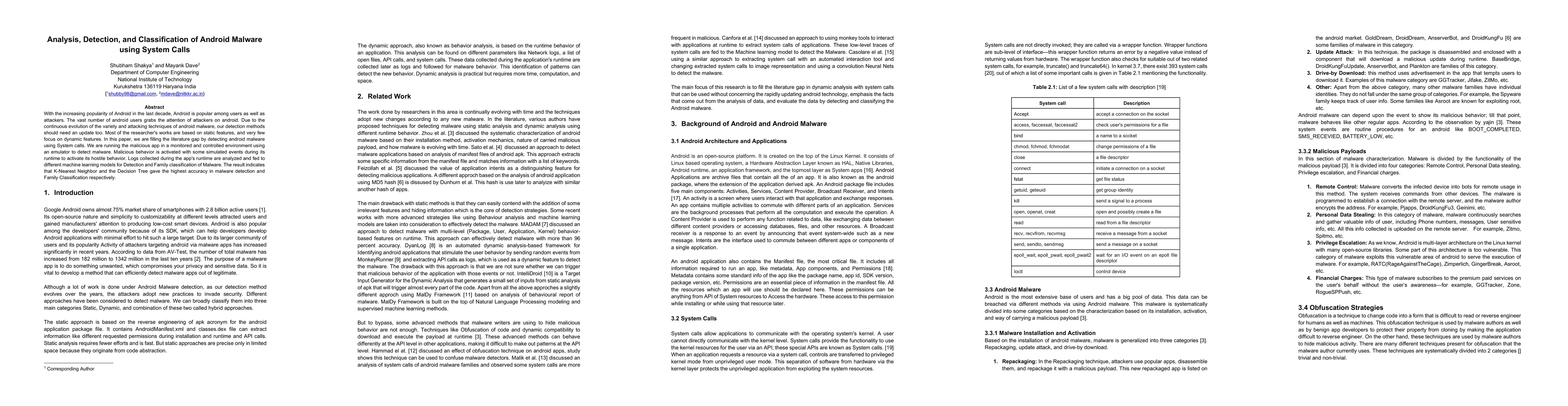 Thumbnail for Analysis, Detection, and Classification of Android Malware using System
  Calls