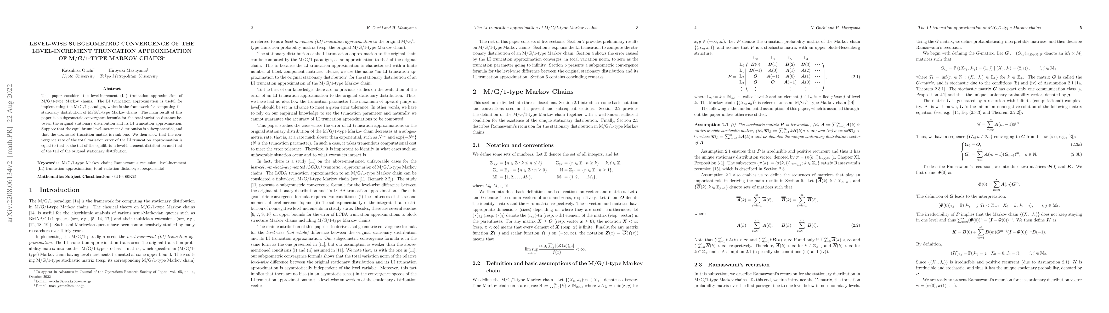 Thumbnail for Level-wise Subgeometric Convergence of the Level-increment Truncation
  Approximation of M/G/1-type Markov Chains