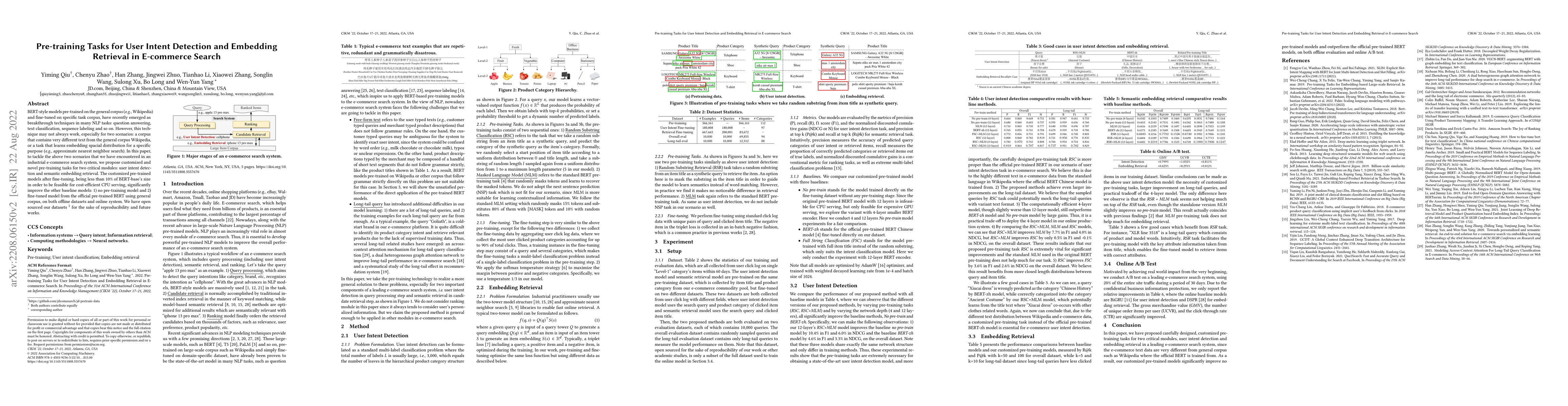 Thumbnail for Pre-training Tasks for User Intent Detection and Embedding Retrieval in
  E-commerce Search