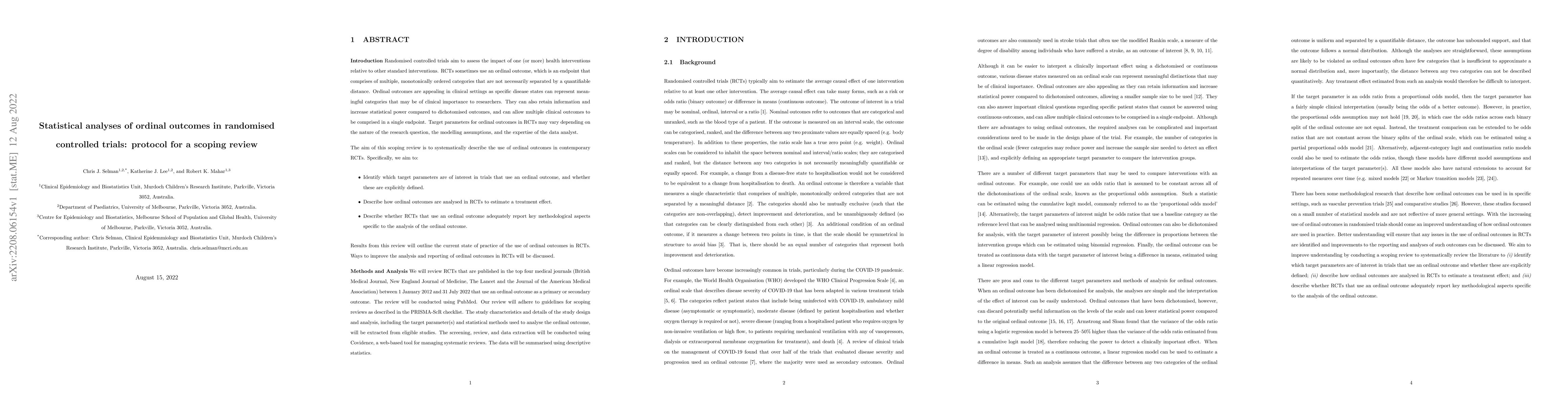 Thumbnail for Statistical analyses of ordinal outcomes in randomised controlled
  trials: protocol for a scoping review