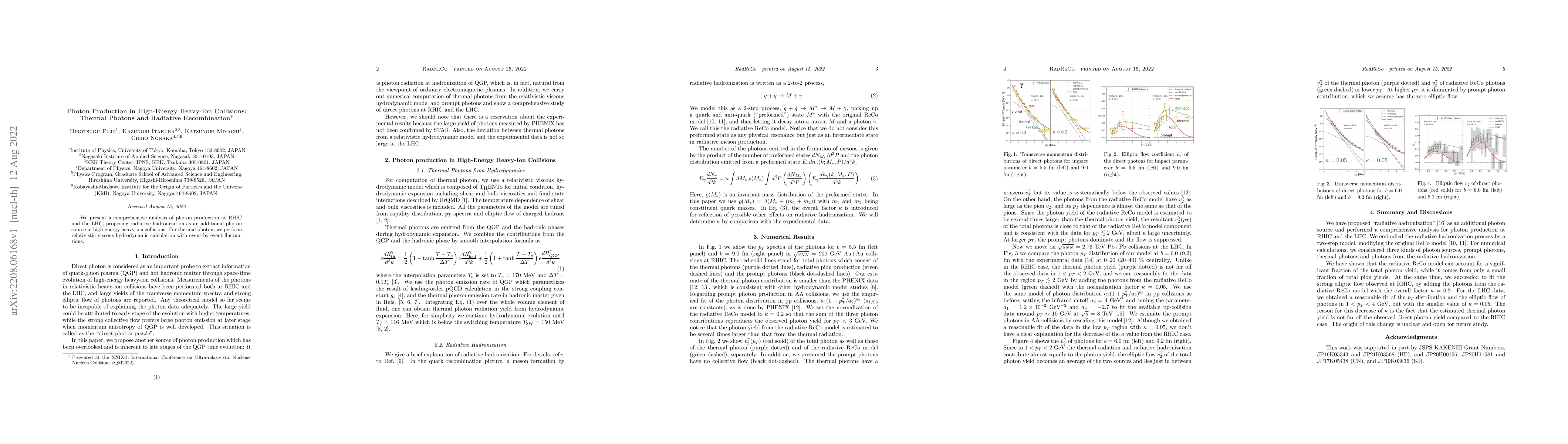 Thumbnail for Photon Production in High-Energy Heavy-Ion Collisions: Thermal Photons
  and Radiative Recombination