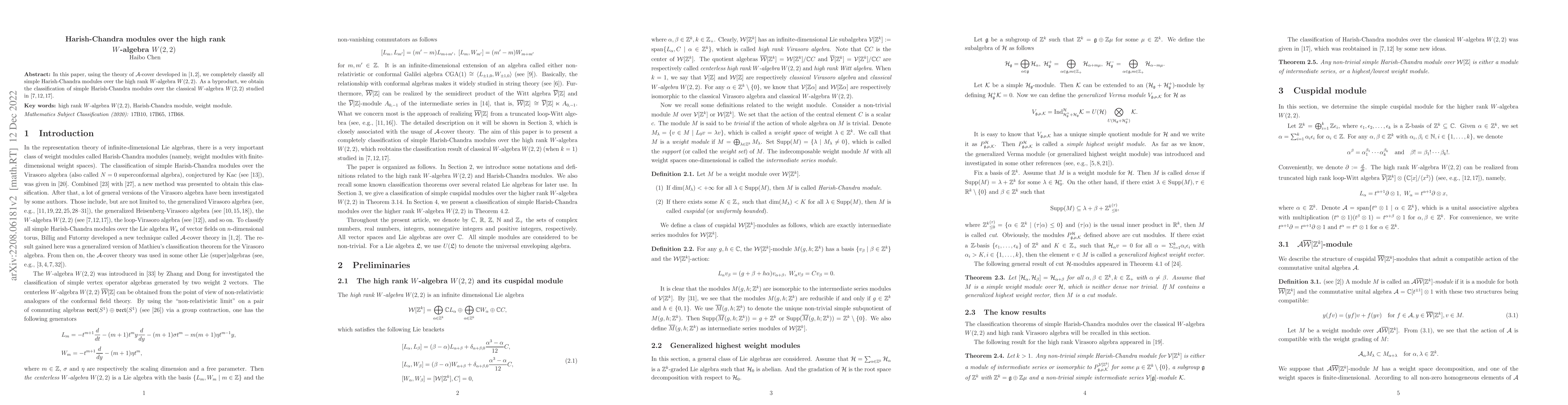 Thumbnail for Harish-Chandra modules over the high rank $W$-algebra $W(2,2)$