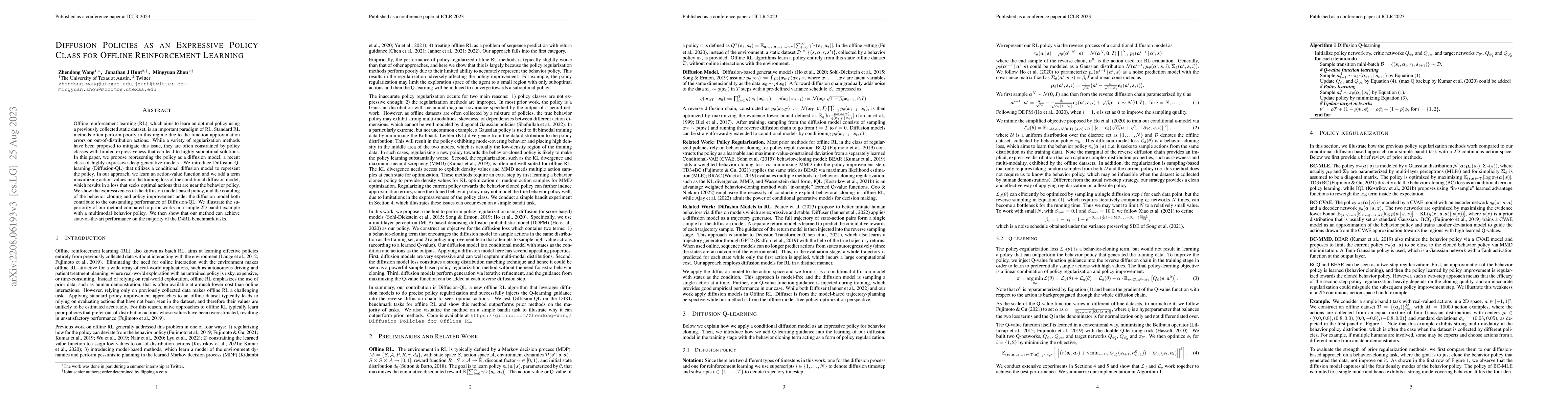 Thumbnail for Diffusion Policies as an Expressive Policy Class for Offline
  Reinforcement Learning