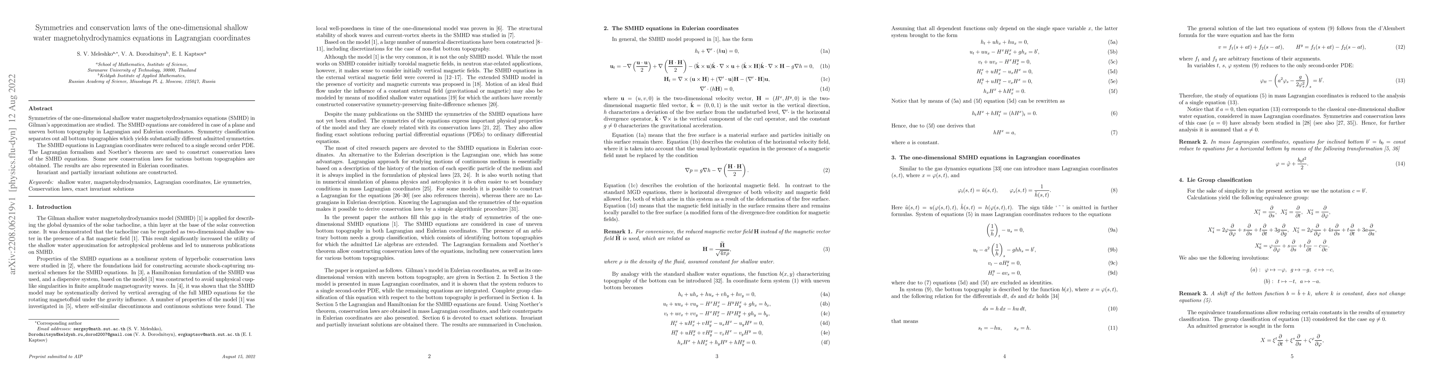Thumbnail for Symmetries and conservation laws of the one-dimensional shallow water
  magnetohydrodynamics equations in Lagrangian coordinates