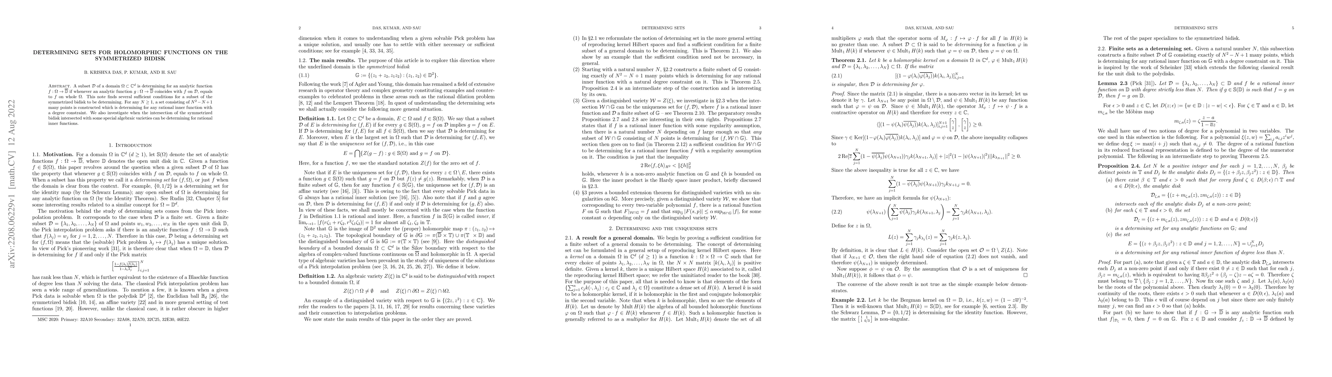 Thumbnail for Determining sets for holomorphic functions on the symmetrized bidisk