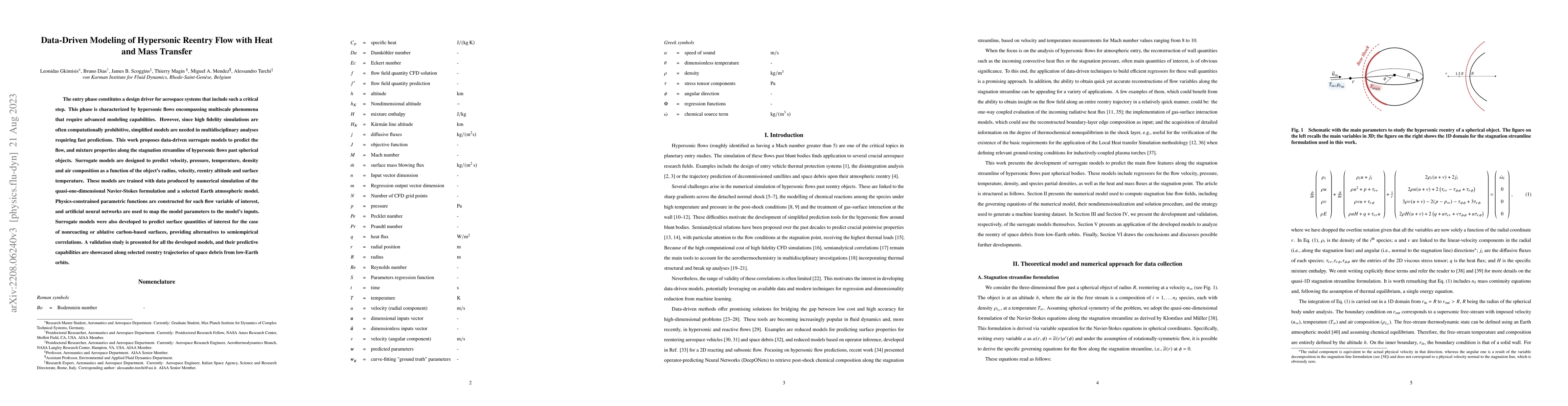Thumbnail for Data-driven modeling of hypersonic reentry flow with heat and mass
  transfer