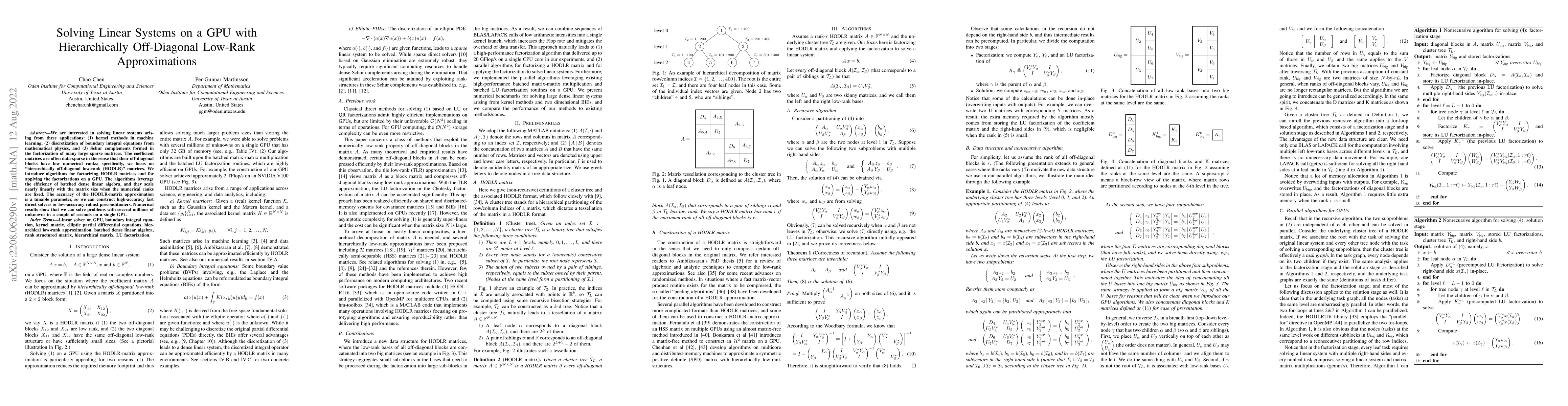 Thumbnail for Solving Linear Systems on a GPU with Hierarchically Off-Diagonal
  Low-Rank Approximations