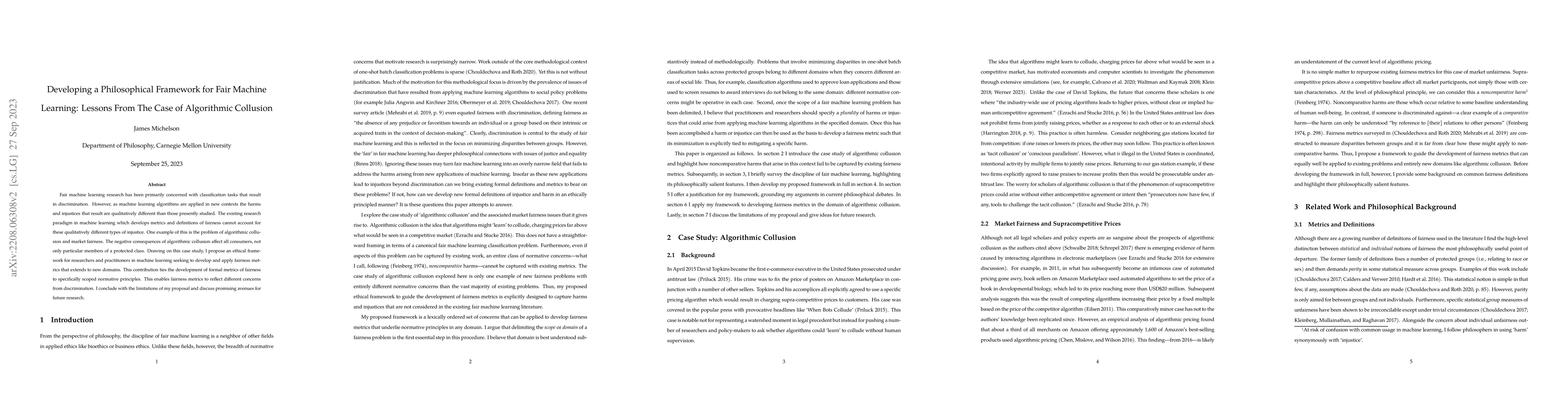 Thumbnail for Developing a Philosophical Framework for Fair Machine Learning: Lessons
  From The Case of Algorithmic Collusion
