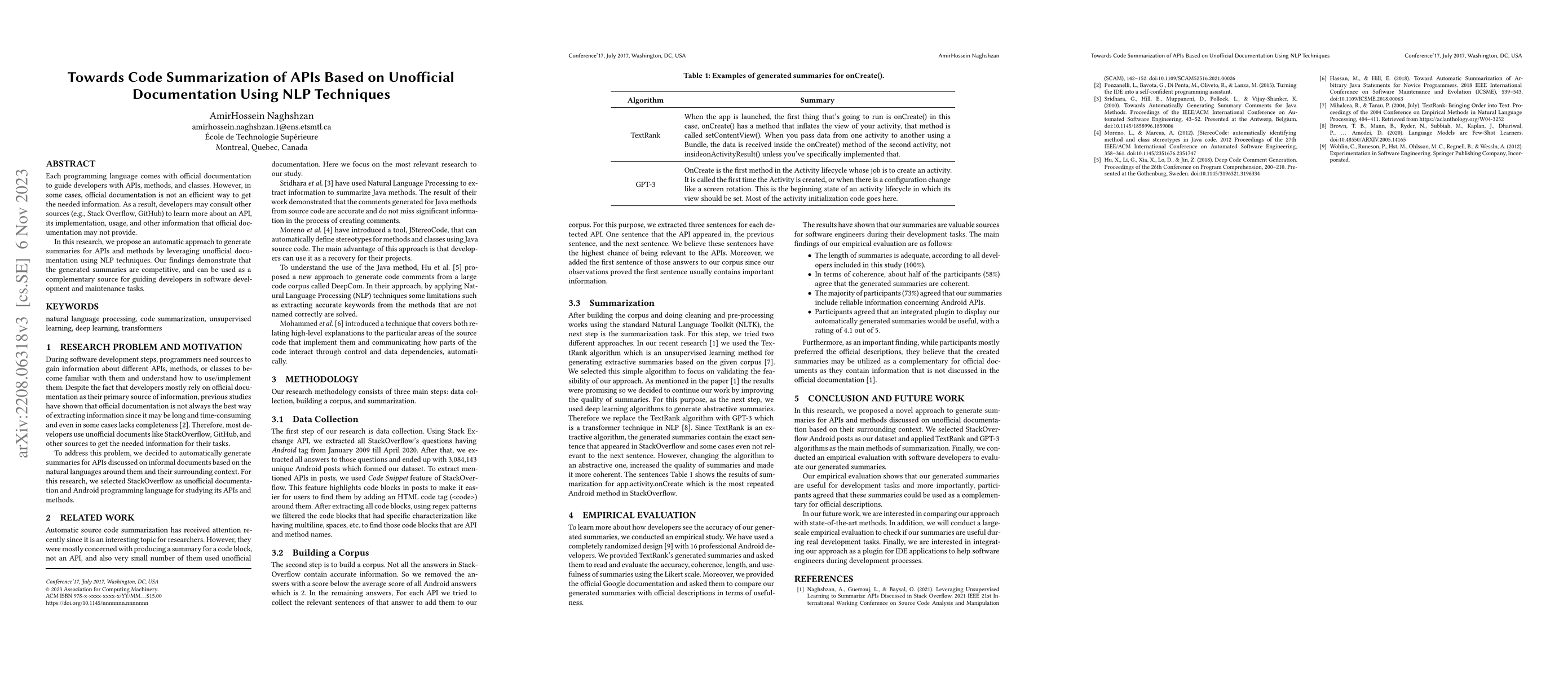 Thumbnail for Towards Code Summarization of APIs Based on Unofficial Documentation
  Using NLP Techniques