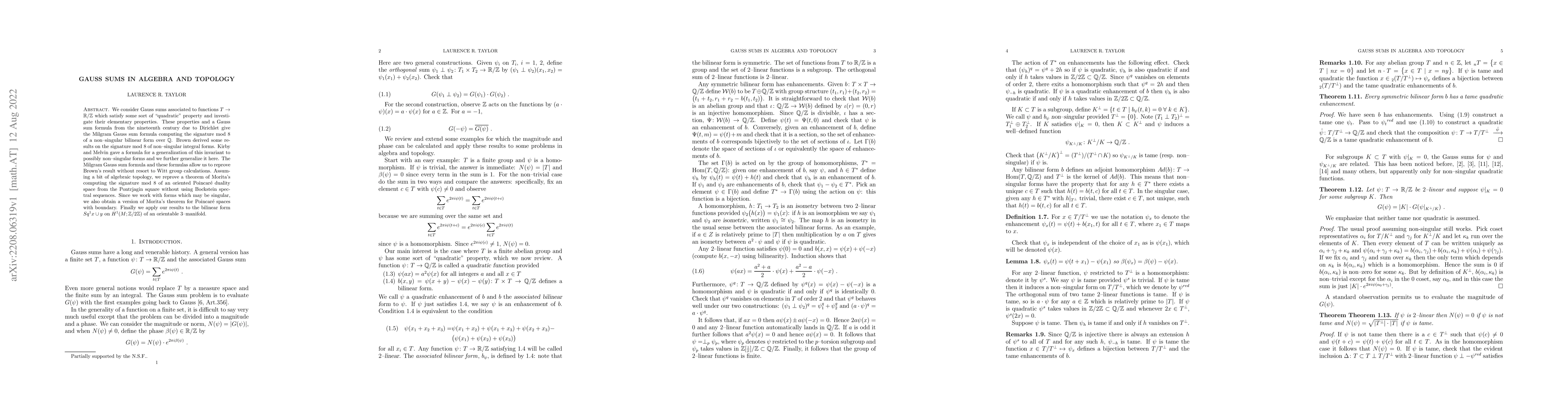 Thumbnail for Gauss Sums in Algebra and Topology