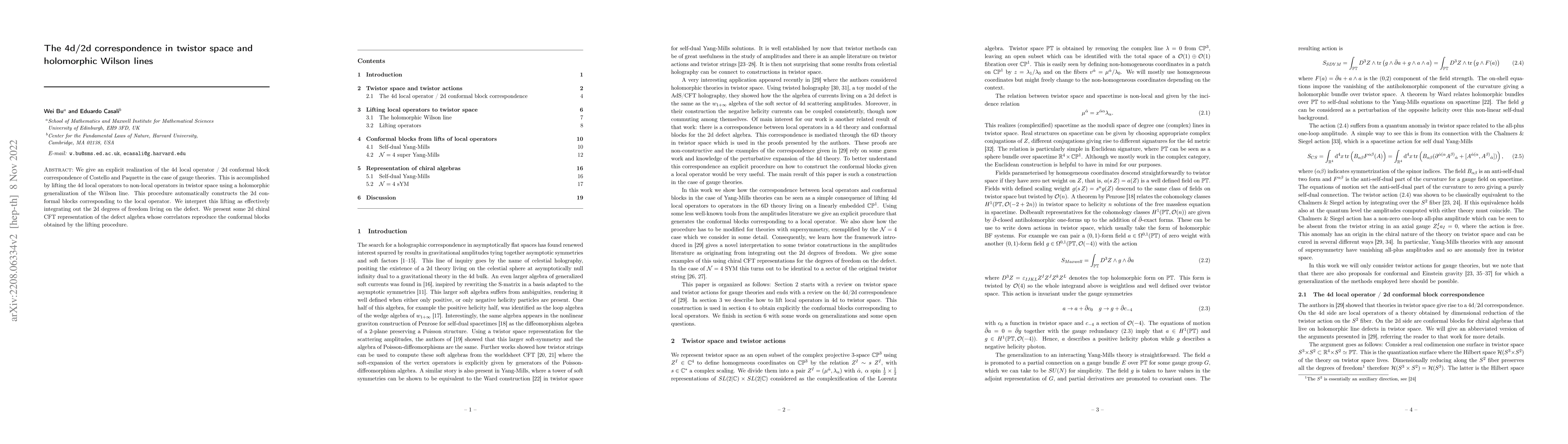 Thumbnail for The 4d/2d correspondence in twistor space and holomorphic Wilson lines