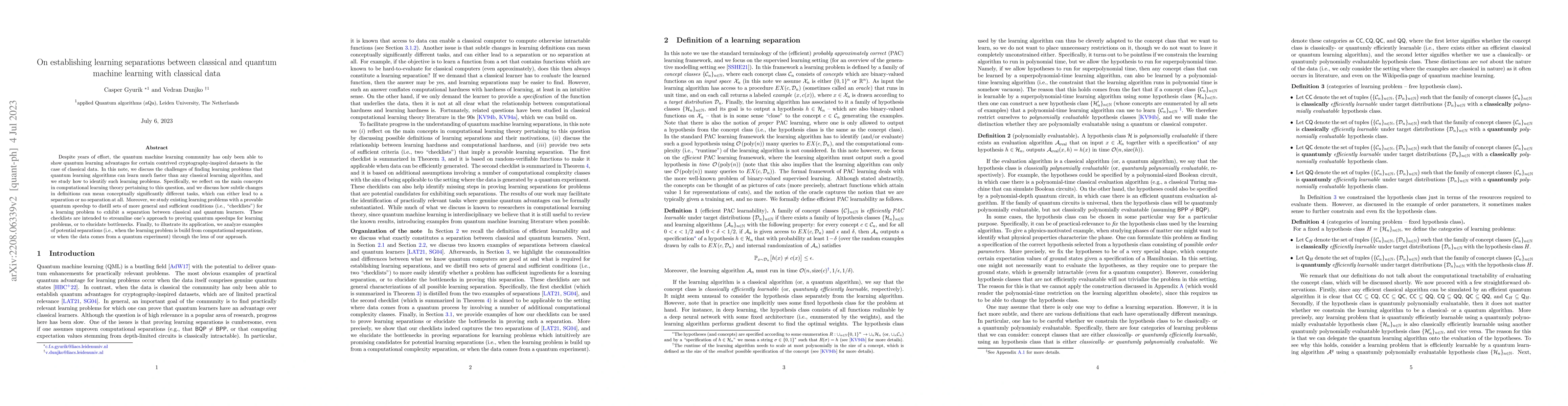 Thumbnail for On establishing learning separations between classical and quantum
  machine learning with classical data