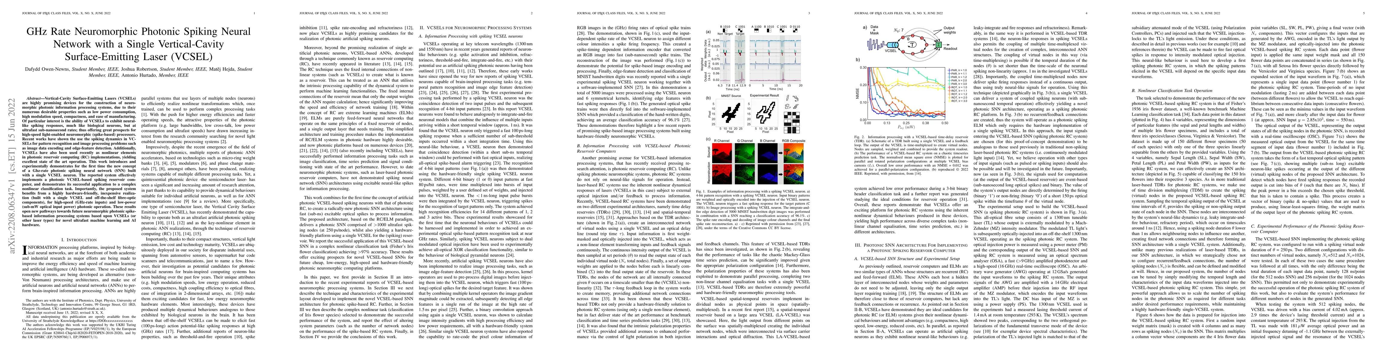 Thumbnail for GHz Rate Neuromorphic Photonic Spiking Neural Network with a Single
  Vertical-Cavity Surface-Emitting Laser (VCSEL)