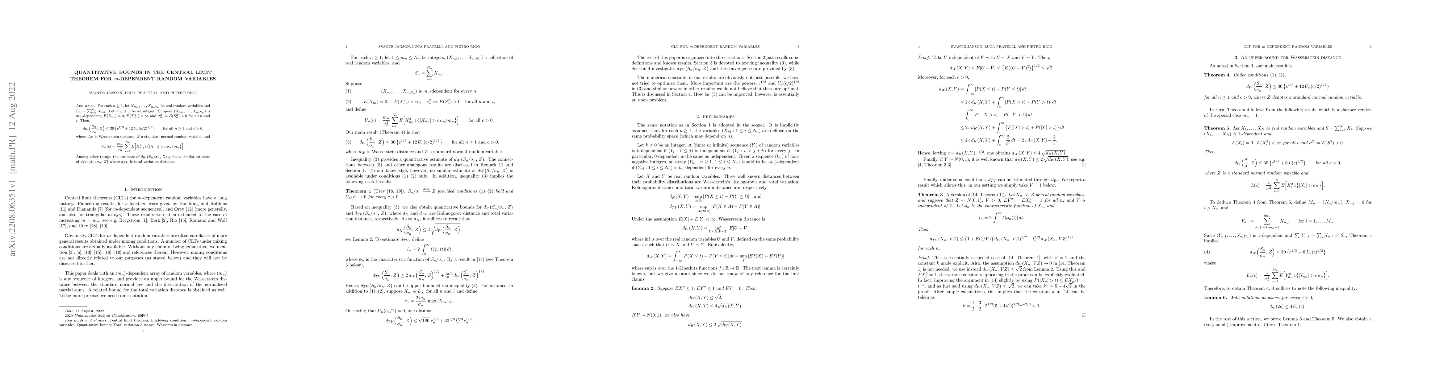 Thumbnail for Quantitative bounds in the central limit theorem for $m$-dependent
  random variables