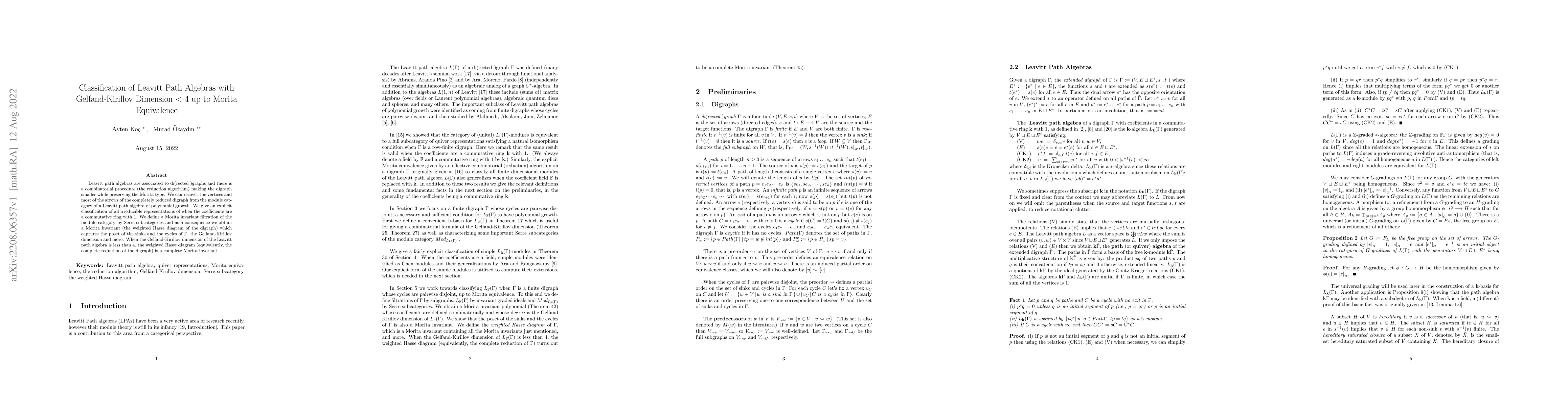 Thumbnail for Classification of Leavitt Path Algebras with Gelfand-Kirillov Dimension
  <4 up to Morita Equivalence