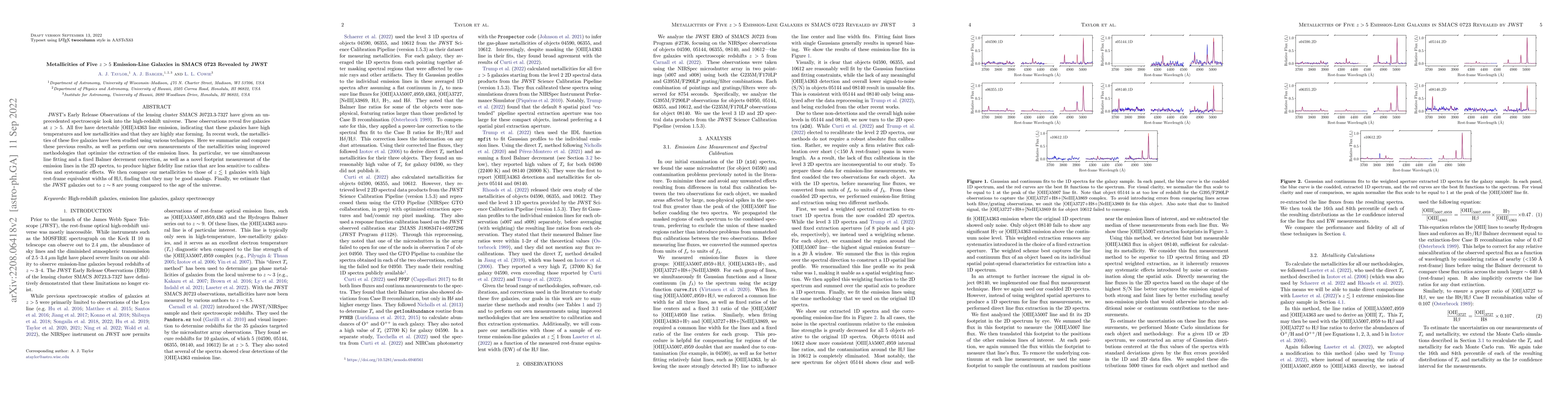 Thumbnail for Metallicities of Five z > 5 Emission-Line Galaxies in SMACS 0723
  Revealed by JWST