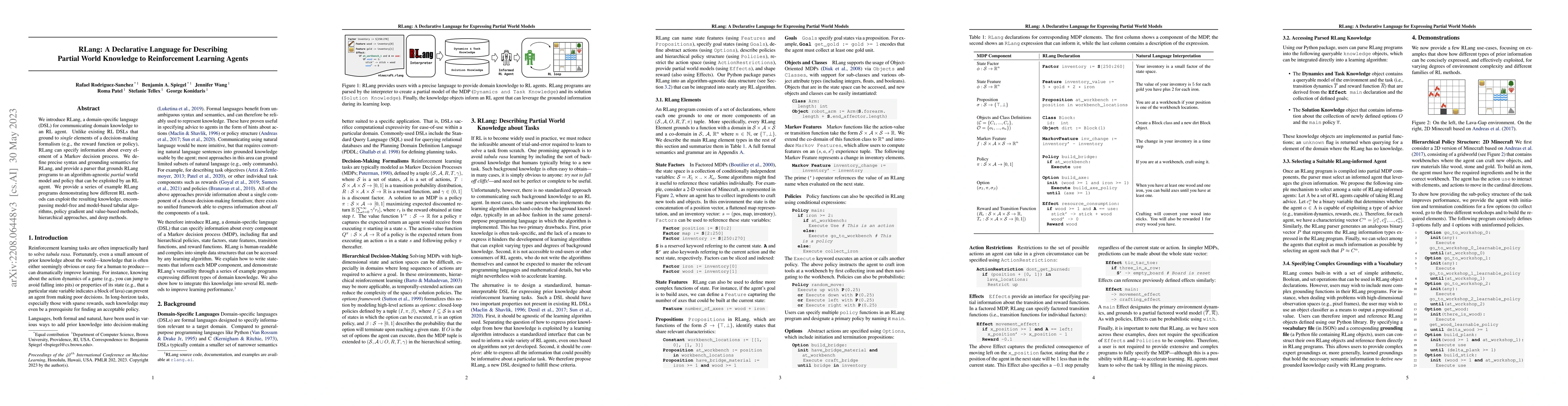 Thumbnail for RLang: A Declarative Language for Describing Partial World Knowledge to
  Reinforcement Learning Agents