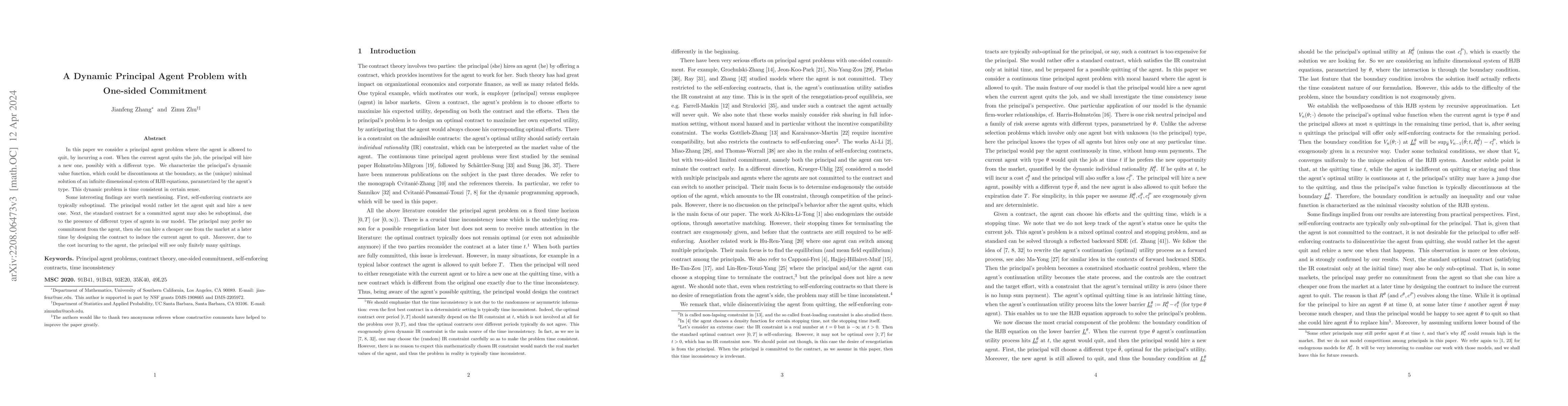 Thumbnail for A Dynamic Principal Agent Problem with One-sided Commitment