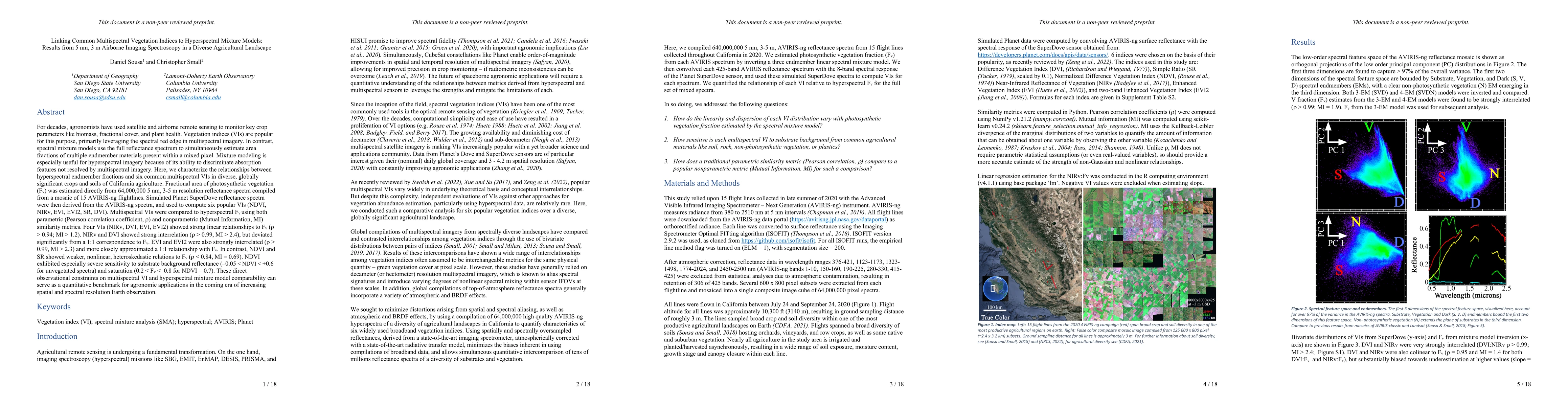 Thumbnail for Linking Common Multispectral Vegetation Indices to Hyperspectral Mixture
  Models: Results from 5 nm, 3 m Airborne Imaging Spectroscopy in a Diverse
  Agricultural Landscape