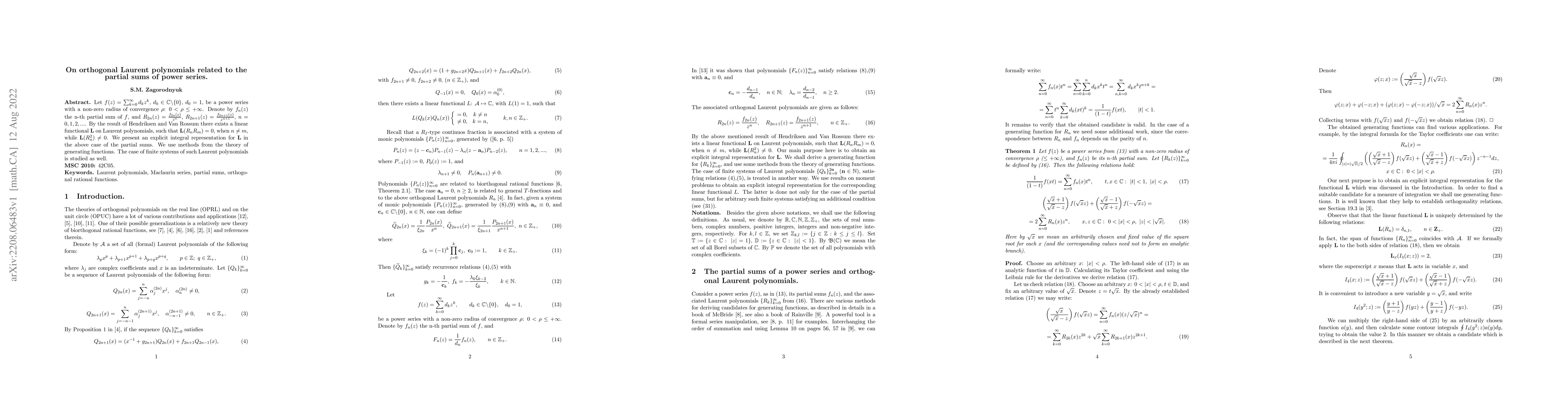 Thumbnail for On orthogonal Laurent polynomials related to the partial sums of power
  series