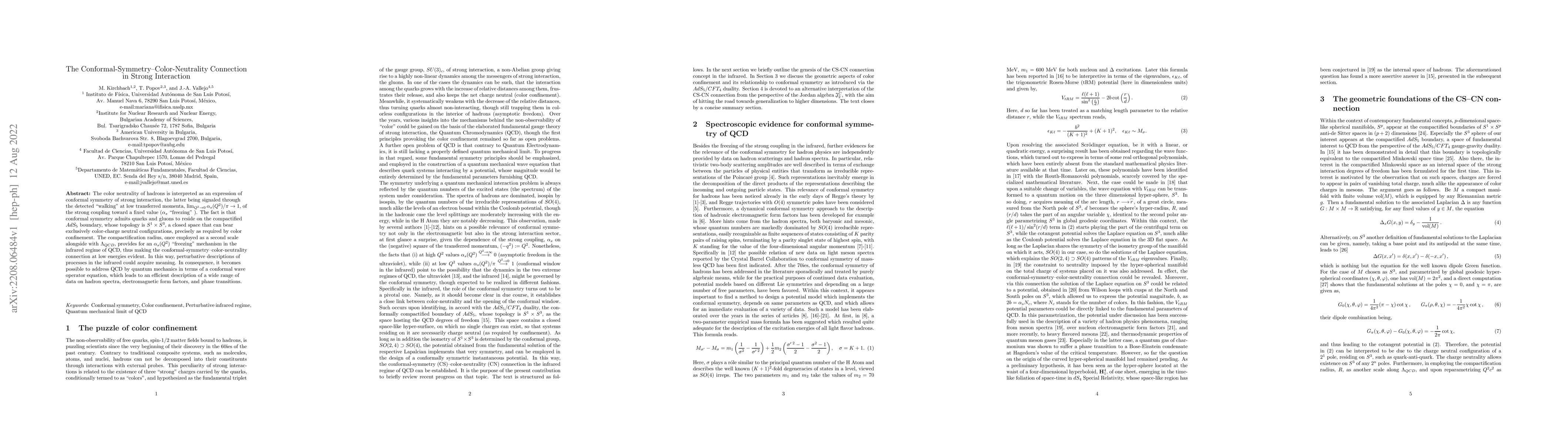 Thumbnail for The Conformal-Symmetry--Color-Neutrality Connection in Strong
  Interaction