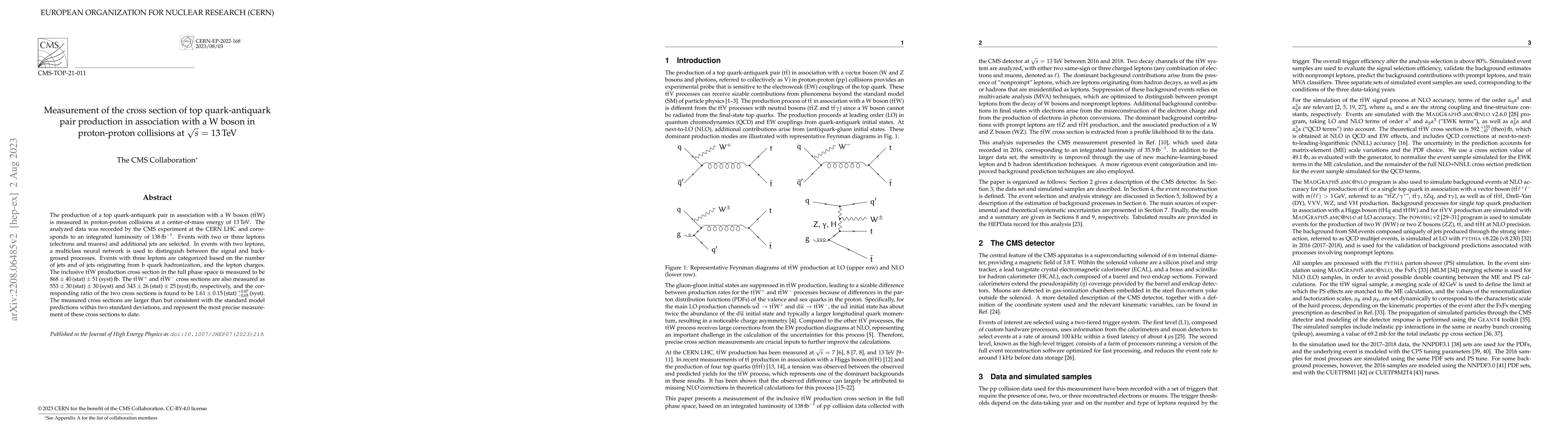 Thumbnail for Measurement of the cross section of top quark-antiquark pair production
  in association with a W boson in proton-proton collisions at $\sqrt{s}$ = 13
  TeV