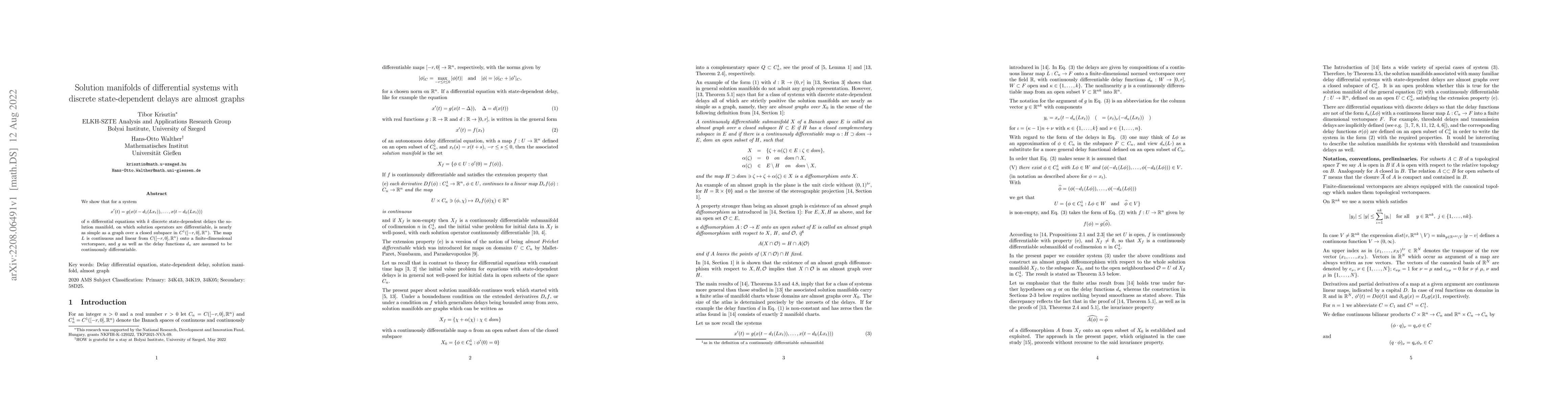 Thumbnail for Solution manifolds of differential systems with discrete state-dependent
  delays are almost graphs