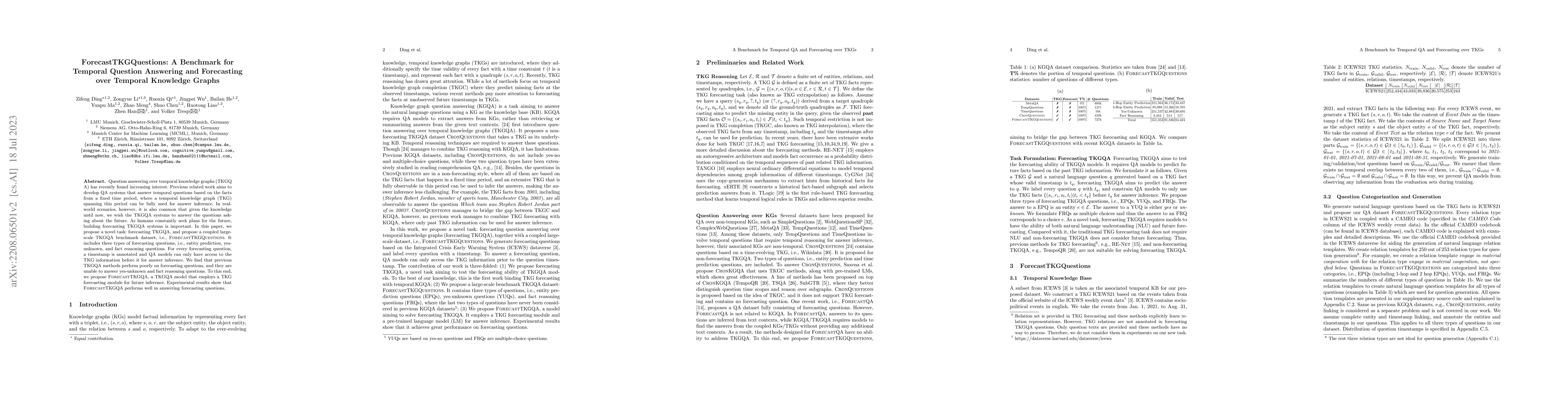 Thumbnail for ForecastTKGQuestions: A Benchmark for Temporal Question Answering and
  Forecasting over Temporal Knowledge Graphs