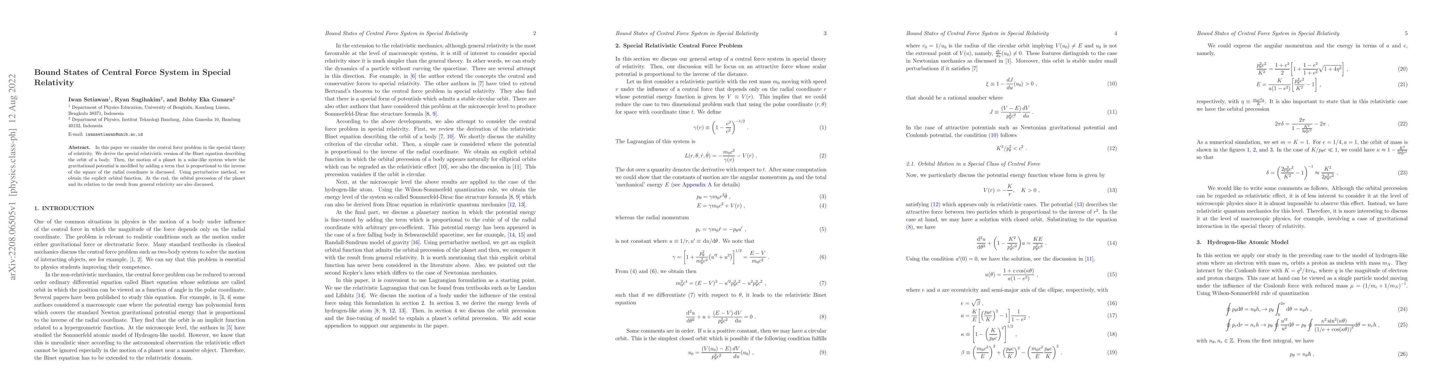 Thumbnail for Bound States of Central Force System in Special Relativity