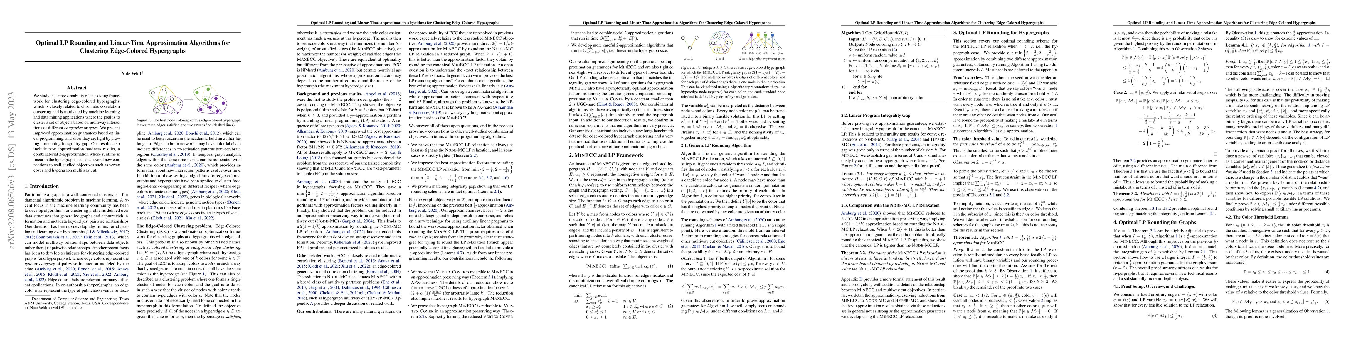 Thumbnail for Optimal LP Rounding and Linear-Time Approximation Algorithms for
  Clustering Edge-Colored Hypergraphs