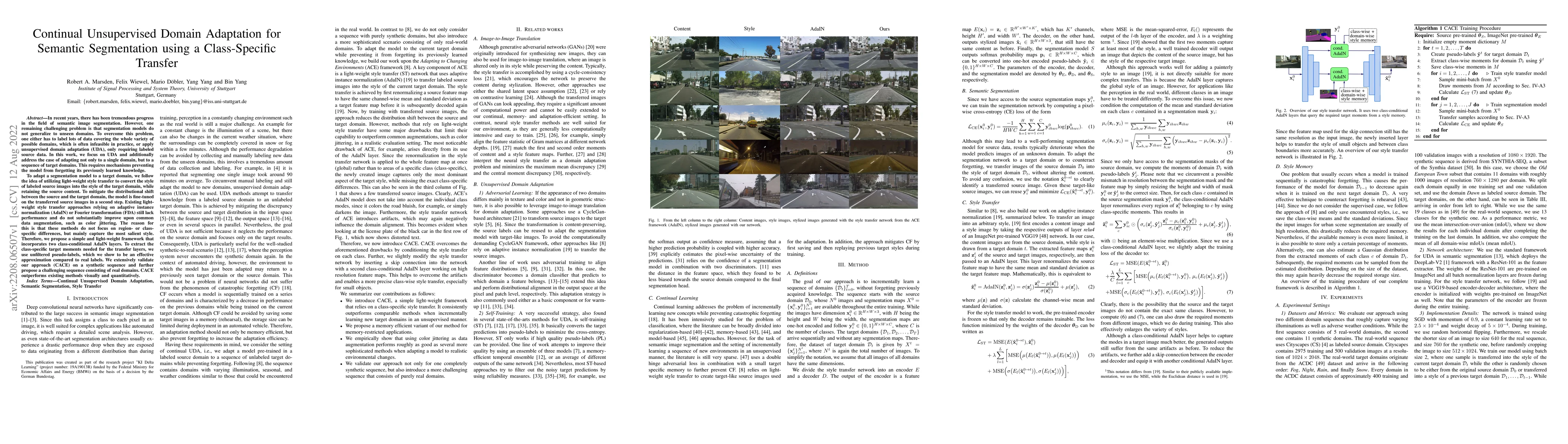 Thumbnail for Continual Unsupervised Domain Adaptation for Semantic Segmentation using
  a Class-Specific Transfer