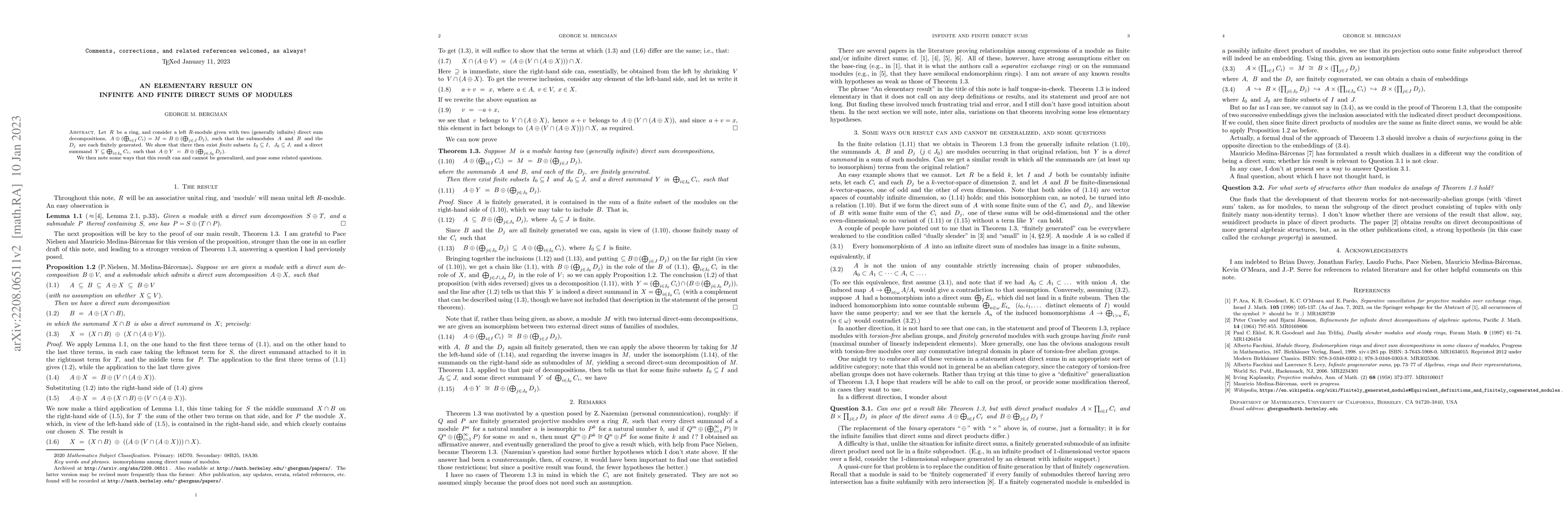 Thumbnail for An elementary result on infinite and finite direct sums of modules