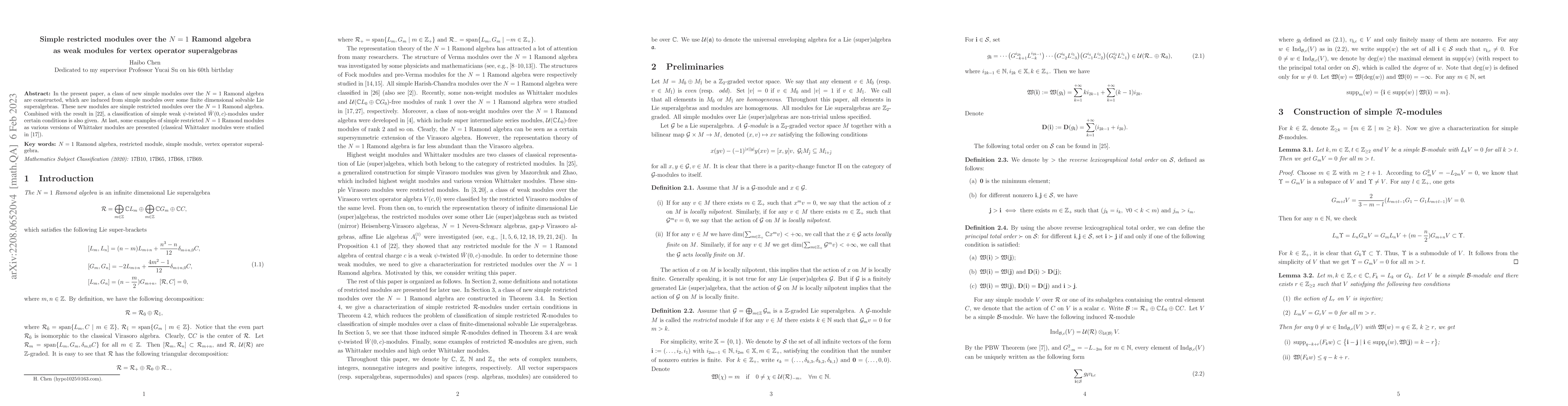Thumbnail for Simple restricted modules over the $N=1$ Ramond algebra as weak modules
  for vertex operator superalgebras
