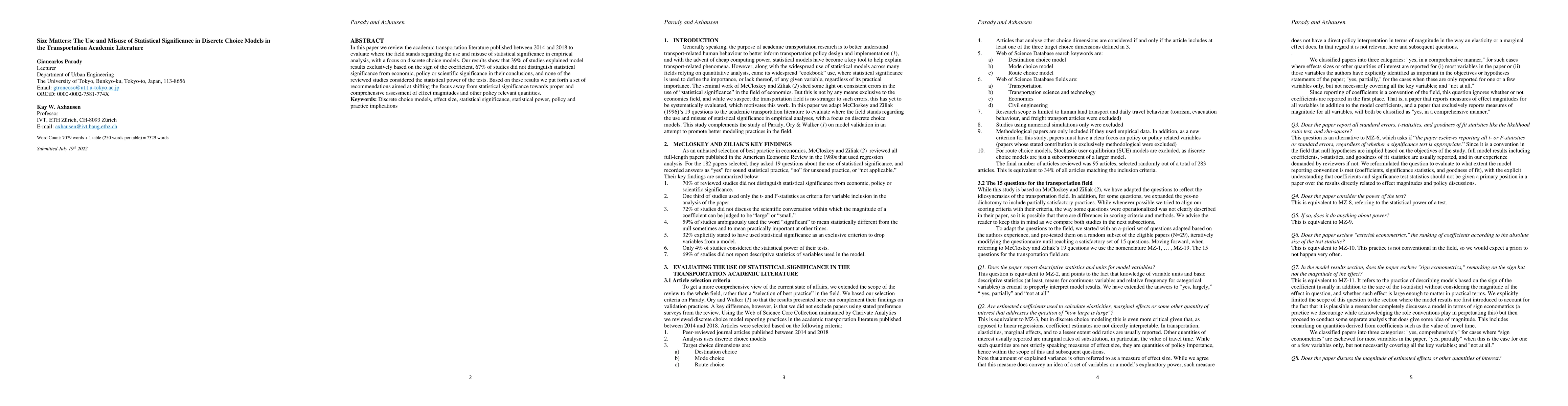 Thumbnail for Size Matters: The Use and Misuse of Statistical Significance in Discrete
  Choice Models in the Transportation Academic Literature
