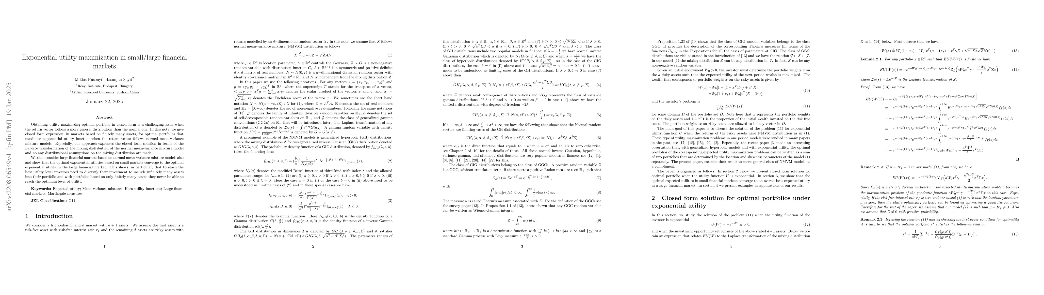Thumbnail for Exponential utility maximization in small/large financial markets
