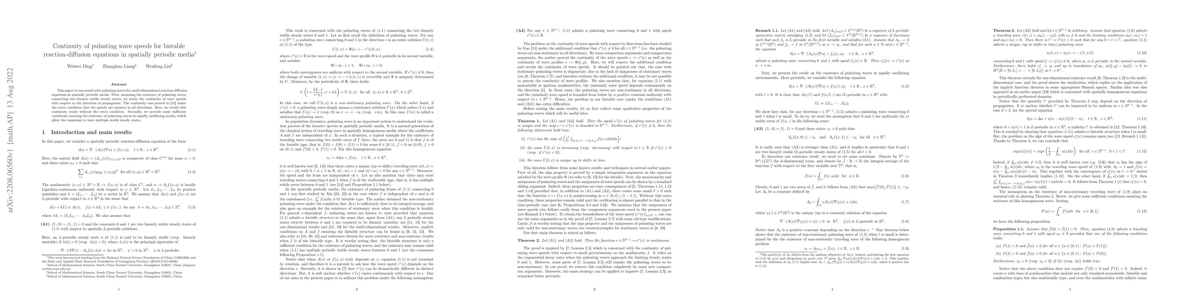 Thumbnail for Continuity of pulsating wave speeds for bistable reaction-diffusion
  equations in spatially periodic media