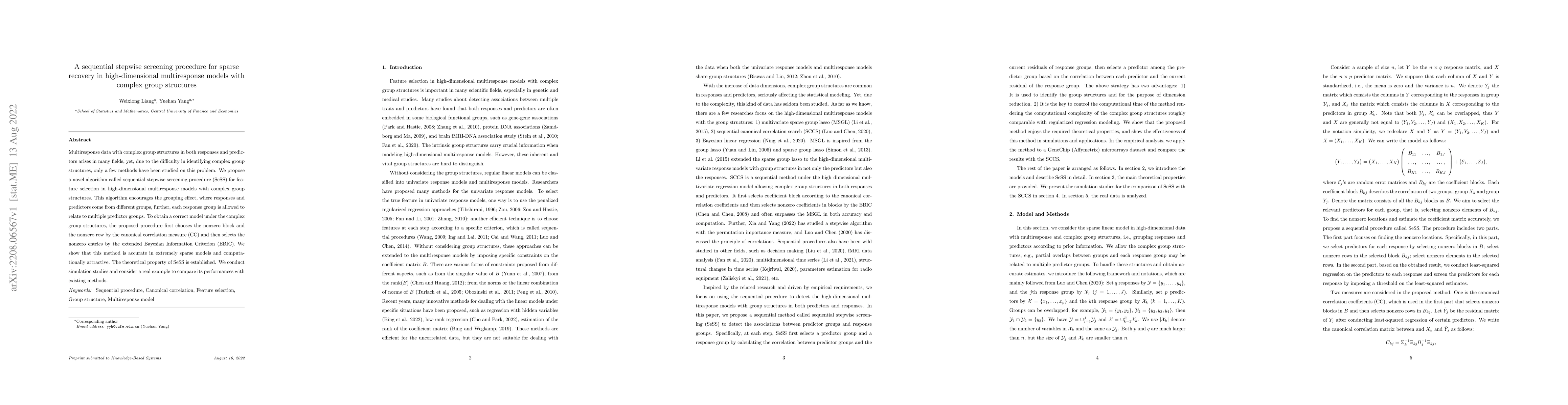 Thumbnail for A sequential stepwise screening procedure for sparse recovery in
  high-dimensional multiresponse models with complex group structures