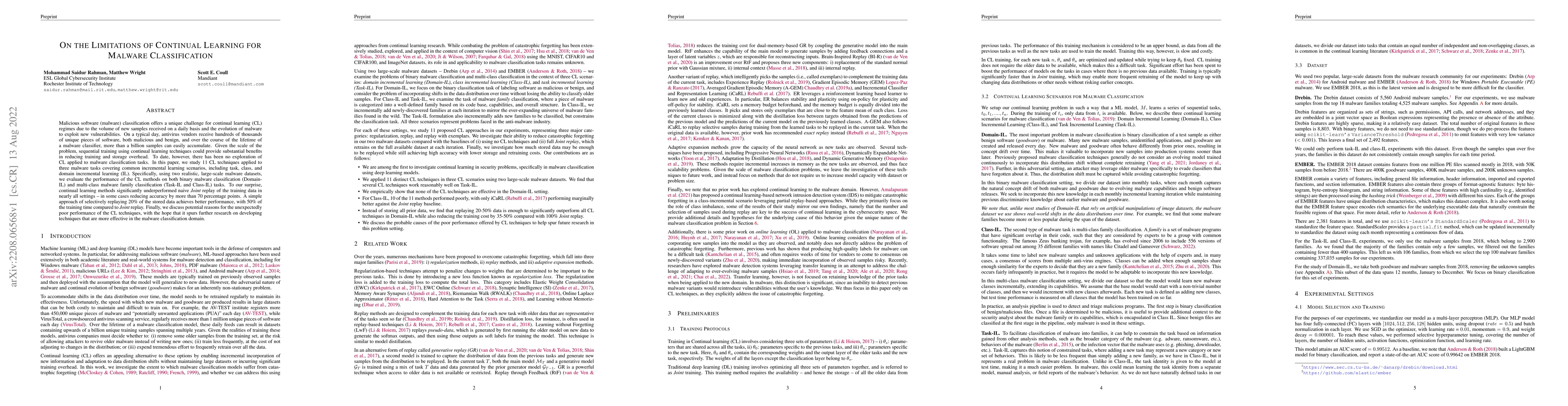 Thumbnail for On the Limitations of Continual Learning for Malware Classification