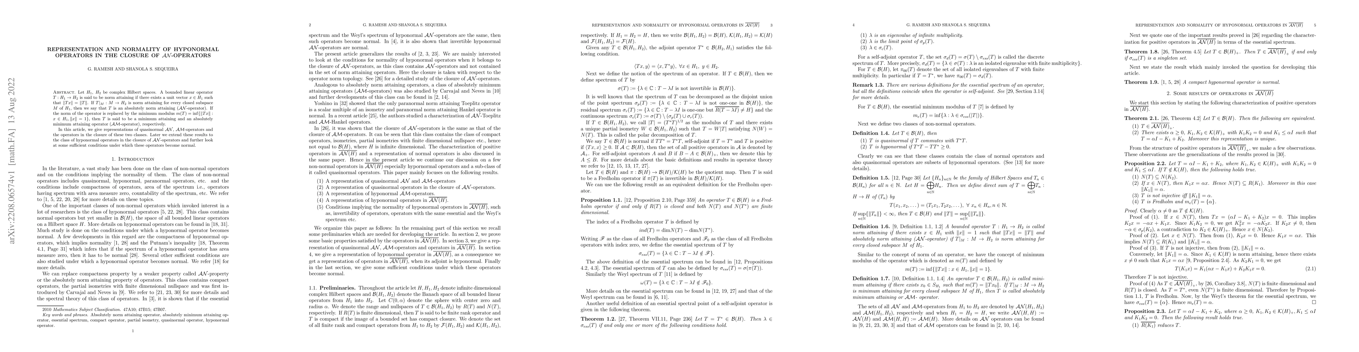 Thumbnail for Representation and normality of Hyponormal operators in the closure of
  $\mathcal{AN}$-operators