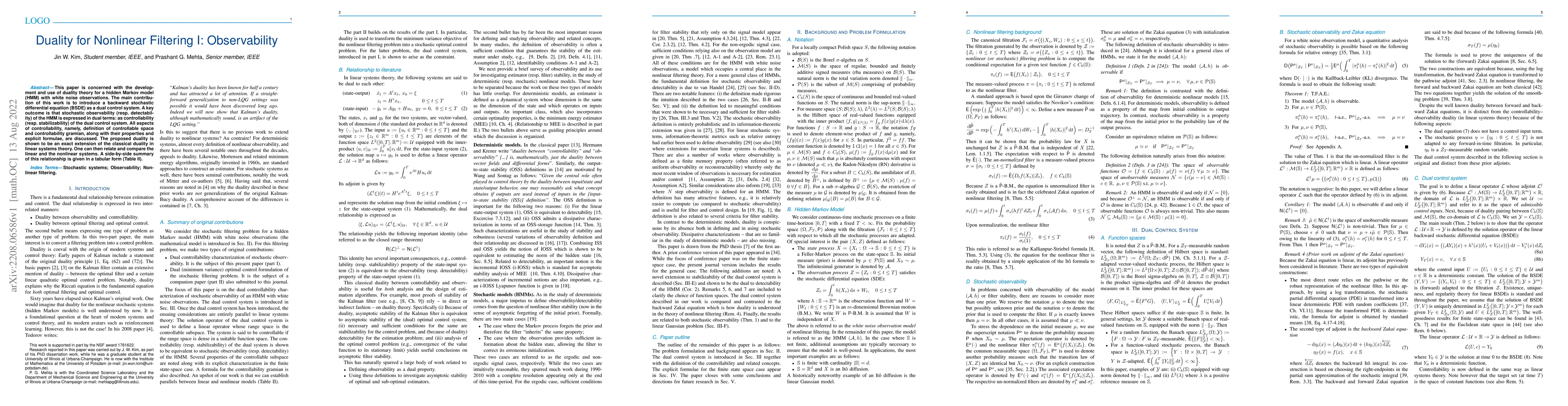 Thumbnail for Duality for Nonlinear Filtering I: Observability