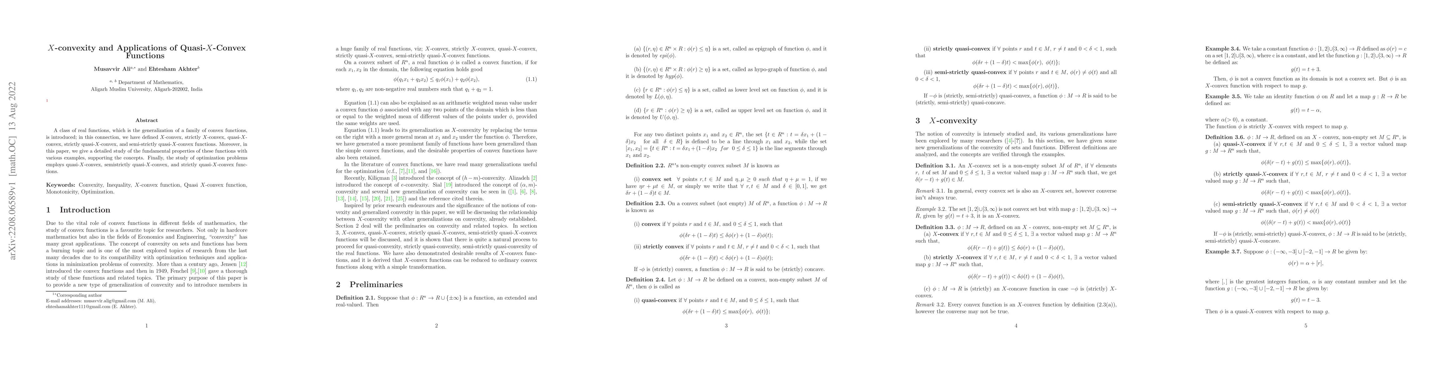 Thumbnail for $X$-convexity and Applications of Quasi-$X$-Convex Functions