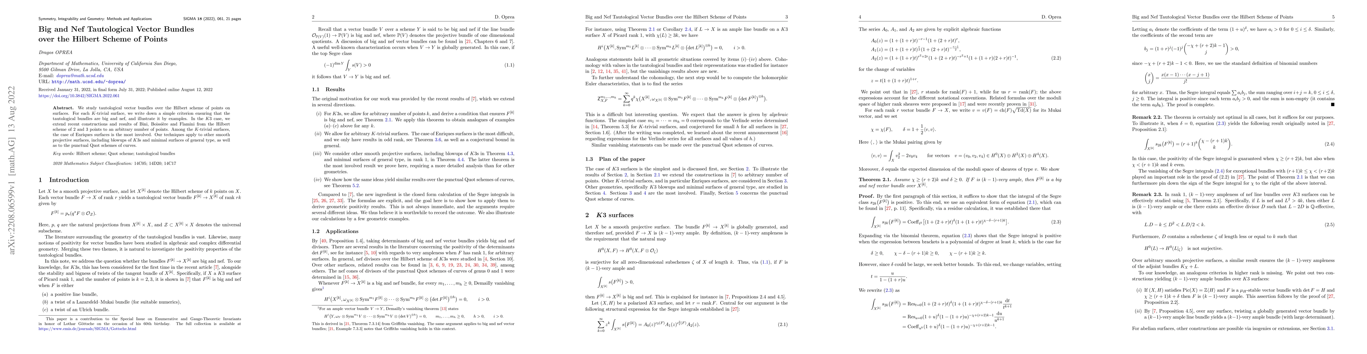 Thumbnail for Big and Nef Tautological Vector Bundles over the Hilbert Scheme of
  Points