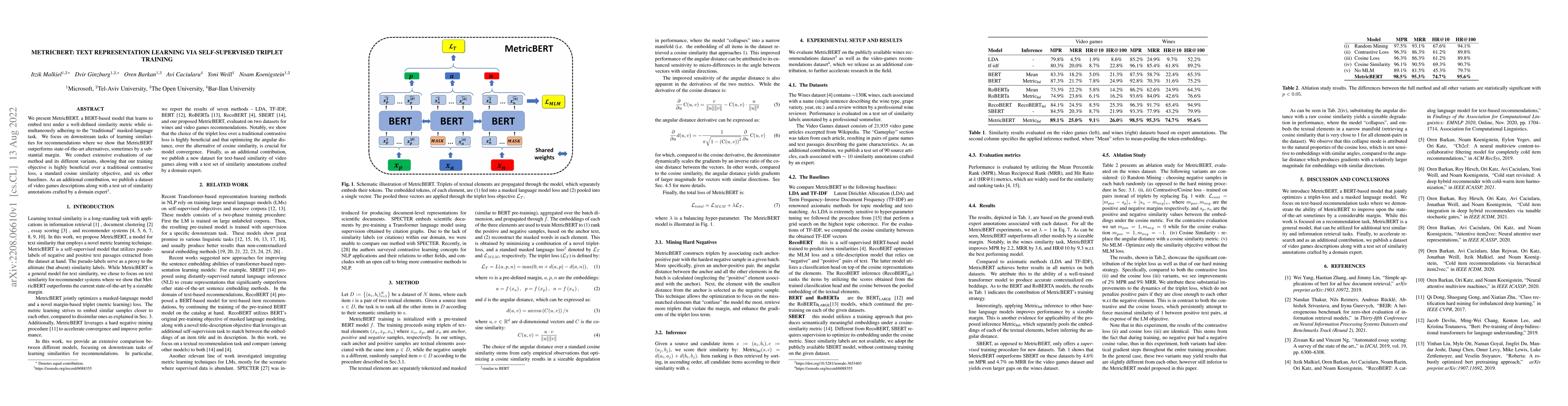 Thumbnail for MetricBERT: Text Representation Learning via Self-Supervised Triplet
  Training
