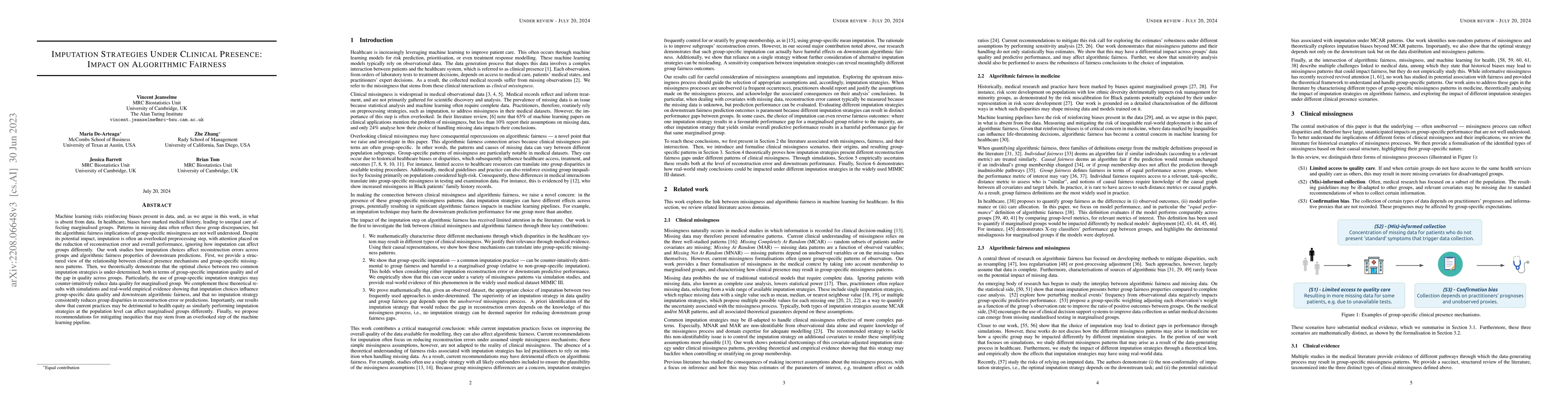 Thumbnail for Imputation Strategies Under Clinical Presence: Impact on Algorithmic
  Fairness