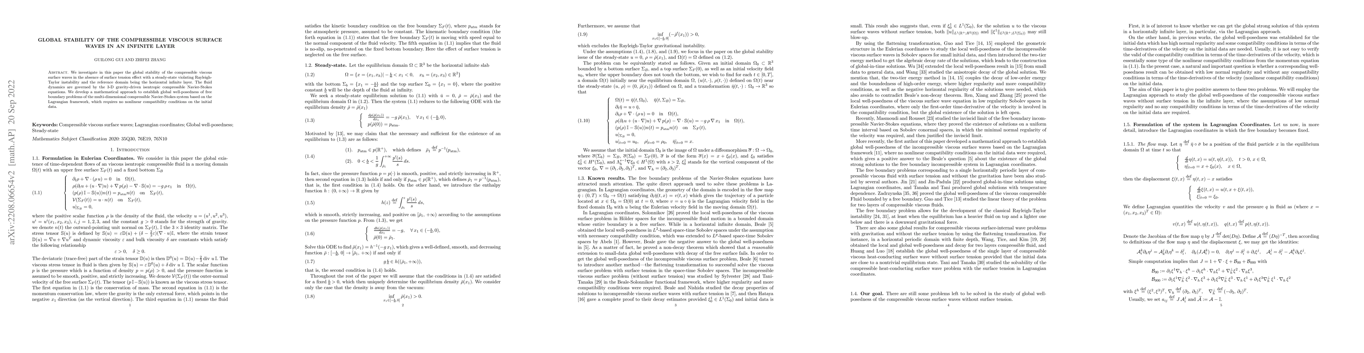 Thumbnail for Global stability of the compressible viscous surface waves in an
  infinite layer