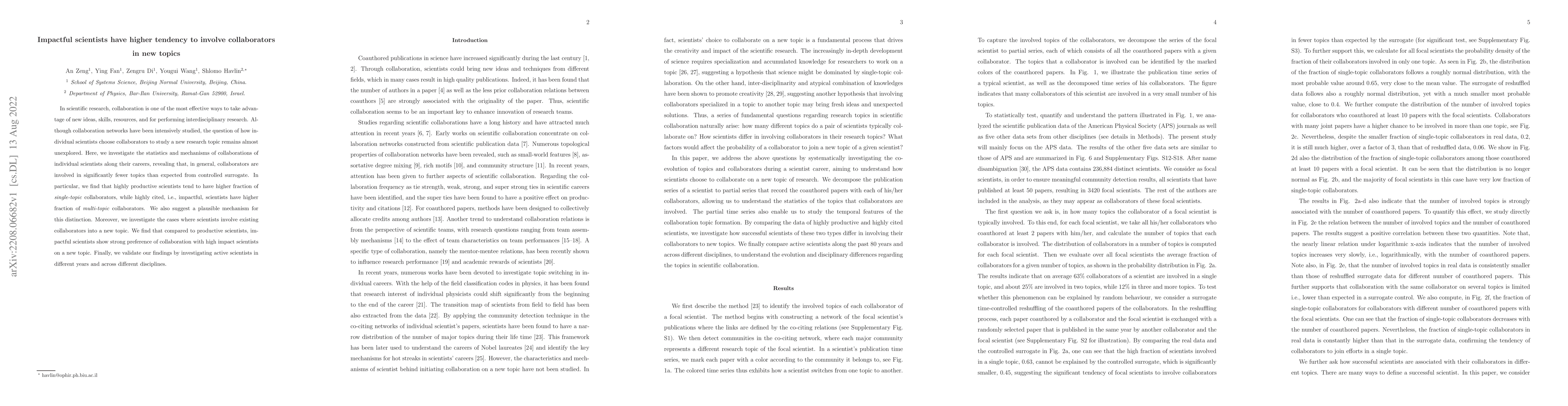 Thumbnail for Impactful scientists have higher tendency to involve collaborators in
  new topics